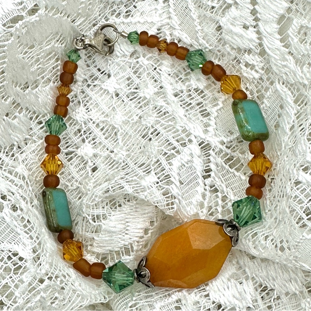 Vintage Wire Beaded Orange & Teal Bracelet